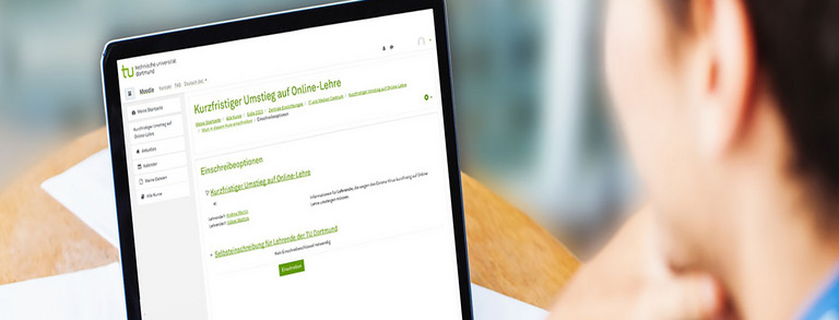 Studierende sitzt am Arbeitsplatz und schaut auf den Laptop.