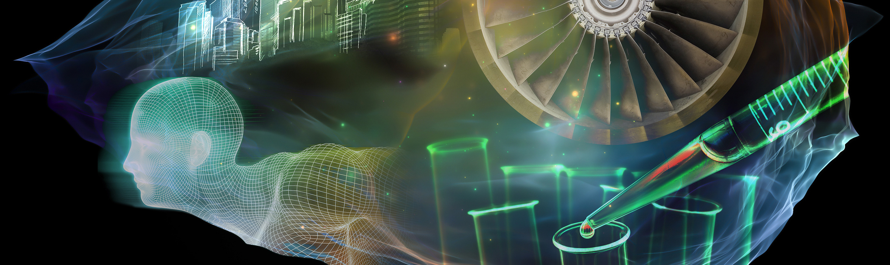 UA Ruhr Grafik: Zeichnungen eines Kopfes, eines Rades und einer Pipette in Regenbogenfarben